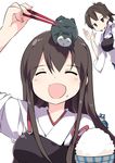  :d ^_^ afterimage akagi_(kantai_collection) bowl brown_eyes brown_hair chopsticks closed_eyes crossover food food_on_face gen_1_pokemon gen_4_pokemon kaga_(kantai_collection) kantai_collection long_hair multiple_girls munchlax muneate open_mouth pokemon pokemon_(creature) rfa rice rice_bowl rice_on_face side_ponytail simple_background smile snorlax tasuki white_background 