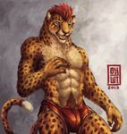  abs abstract_background biceps black_nose blue_eyes body_markings brown_fur bulge byowt cheetah chest_tuft claws clothing ear_piercing fangs feline fur hair male mammal markings muscles pecs piercing pubes red_hair shorts solo spots standing tan_fur teeth topless tuft whiskers yellow_fur 