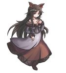  animal_ears arm_up bad_id bad_pixiv_id bare_shoulders brooch brown_hair collarbone dress fingernails frilled_sleeves frills highres imaizumi_kagerou jewelry juuki_taira layered_dress long_fingernails long_hair looking_at_viewer parted_lips red_eyes sharp_fingernails simple_background solo strapless strapless_dress touhou very_long_hair white_background wolf_ears 
