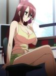  1girl breasts brown_eyes cellphone cleavage desk highres huge_breasts kore_wa_zombie_desu_ka? legs legs_crossed long_hair long_legs naegleria_nebiros no_bra phone red_hair short_shorts shorts sideboob solo thighs 