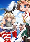  :3 :d aircraft airplane blonde_hair blue_eyes boots brown_eyes brown_hair cloud day detached_sleeves elbow_gloves gloves hair_ornament haruna_(kantai_collection) hiei_(kantai_collection) ichinose_ibuki innertube japanese_clothes kantai_collection long_hair looking_at_viewer microskirt multiple_girls nontraditional_miko ocean open_mouth pantyhose pleated_skirt rensouhou-chan ribbon-trimmed_sleeves ribbon_trim shimakaze_(kantai_collection) skirt sky smile striped striped_legwear thigh_boots thighhighs zettai_ryouiki zuihou_(kantai_collection) ||_|| 
