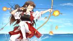  aiming akagi_(kantai_collection) arrow bow_(weapon) brown_eyes brown_hair drawing_bow holding holding_arrow holding_bow_(weapon) holding_weapon kantai_collection long_hair muneate one_knee open_mouth outstretched_arm sandals skirt solo thighhighs water weapon white_legwear yuto_(dialique) 