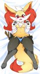  blue_panties blush braixen breasts canine dakimakura digitigrade dress dress_lift female fennec fox furry hi_res lying mammal nintendo no_humans on_back on_bed panties pok&#233;mon pok&#233;morph pok&eacute;mon pokemon pokemon_(game) pokemon_xy red_eyes shirt_unbuttoned skirt skirt_lift slugbox solo striped striped_panties thighs underwear video_games wide_hips 