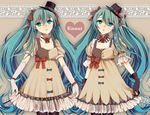  aqua_eyes aqua_hair bad_id bad_pixiv_id belt bow bowtie dress elbow_gloves ennui_heiwa_miku gloves hair_ribbon hat hatsune_miku long_hair mini_hat mini_top_hat multiple_girls pantyhose ribbon sukopio top_hat twintails very_long_hair vocaloid 