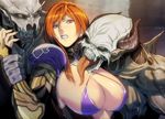  breasts cleavage homare_(fool's_art) horns imminent_rape large_breasts licking monster orange_hair original purple_eyes restrained teeth tongue 