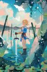  1boy belt black_footwear blonde_hair blue_tunic blush boots brown_belt califlair closed_eyes closed_mouth cloud commentary day from_side holding holding_sword holding_weapon lily_pad link male_focus master_sword navi outdoors pants ripples short_hair short_ponytail sky smile standing sword the_legend_of_zelda the_legend_of_zelda:_breath_of_the_wild walking walking_on_liquid water weapon 