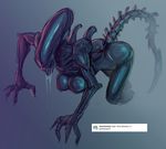 alien alien_(movie) andava black_skin breasts cropped_legs hanging_breasts humanization large_breasts monster_girl nipples saliva saliva_trail simple_background solo tail xenomorph 