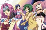  4girls absurdres blue_eyes blue_hair breasts brown_eyes choujikuu_yousai_macross female green_eyes green_hair hat highres large_breasts long_hair lynn_minmay macross macross_7 macross_frontier multiple_girls mylene_jenius open_mouth peaked_cap pink_hair ranka_lee scan sheryl_nome short_hair smile suspenders suzuhira_hiro underboob 