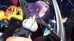  breasts dress_shirt explosion kantai_collection large_breasts mechanical_halo purple_eyes purple_hair ru-class_battleship shinkaisei-kan shirt short_hair skirt smile tatsuta_(kantai_collection) tongue tongue_out yuto_(dialique) 