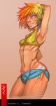  andava arm_up armpits artist_name breasts crop_top cutie_mark grin highres lips multicolored_hair my_little_pony my_little_pony_friendship_is_magic navel personification purple_eyes rainbow_dash rainbow_hair short_hair short_shorts shorts signature small_breasts smile solo 