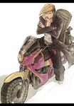  bad_id bad_pixiv_id brown_hair crossed_arms danganronpa danganronpa_1 ground_vehicle highres letterboxed long_hair male_focus melisaseventeen motor_vehicle motorcycle oowada_mondo purple_eyes solo 