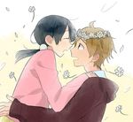  1boy 1girl black_hair brown_eyes brown_hair closed_eyes commentary_request couple head_wreath hetero kitashirakawa_tamako long_hair low_twintails momose_(oqo) ooji_mochizou photoshop_(medium) short_hair tamako_market twintails 