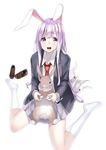  animal_ears blush bunny bunny_ears kyon_(fuuran) loafers long_hair looking_at_viewer pink_eyes purple_hair reisen_udongein_inaba shoes shoes_removed sitting skirt smile solo touhou wariza white_legwear 