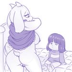  animal_ears anthro bed bored breasts butt caprine child chubby cub dress dress_lift duo female goat horn human interspecies lonbluewolf mammal monochrome nipples protagonist_(undertale) pussy sitting sketch smile standing toriel undertale young 