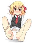  :&lt; barefoot blonde_hair blush feet hair_ribbon highres necktie no_pants panties red_eyes red_neckwear ribbon rumia shamo_(koumakantv) short_hair solo touhou underwear white_panties 