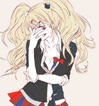  blonde_hair blue_eyes bow breasts cleavage collarbone danganronpa danganronpa_1 enoshima_junko hair_ornament hand_over_face kuru_(kzyr) long_hair looking_at_viewer medium_breasts nail_polish necktie one_eye_covered pink_hair red_skirt ribbon school_uniform skirt sleeves_rolled_up solo spoilers twintails 