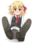  :&lt; black_legwear blonde_hair blush hair_ribbon highres necktie no_pants panties panties_under_pantyhose pantyhose red_eyes red_neckwear ribbon rumia shamo_(koumakantv) short_hair solo thighband_pantyhose touhou underwear 