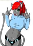  anthro bobby_gray cat crop_top feline female fur green_eyes grey_fur gtoyaannno hair looking_at_viewer mammal navel open_mouth panties plain_background red_hair solo underwear white_background 
