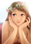  breasts brown_hair cleavage face flower hair_flower hair_ornament hands_on_own_chin head_wreath large_breasts lips long_hair mondi nude original purple_eyes sketch solo 