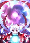  broken capelet demon_wings frills hair_bobbles hair_ornament highres kuroyume_(dark495) light_smile long_hair magic multiple_wings red_capelet red_eyes shinki side_ponytail sky solo touhou touhou_(pc-98) very_long_hair white_hair wide_sleeves wings 