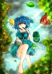  autumn_leaves bad_id bad_pixiv_id bare_legs barefoot blue_eyes blue_hair breasts cucumber eating food_in_mouth hair_bobbles hair_ornament hat hat_removed headwear_removed kawashiro_nitori key knee_up looking_at_viewer lying medium_breasts on_back paguningen partially_submerged short_hair skirt_hold solo touhou two_side_up water 
