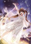  bare_shoulders blue_eyes brown_hair bubble cloud dress hair_ribbon kyon_(fuuran) long_hair looking_up open_mouth original ribbon sky smile solo sundress twintails wand 