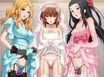  3girls black_hair blonde_hair blue_eyes blush breasts brown_hair character_request dildo dress elbow_gloves game_cg garter_belt garter_straps gloves green_eyes highres long_hair medium_breasts miyahara_suzu multiple_girls panties purple_eyes saiminjutsu_3 segawa_tsubasa short_hair small_breasts standing thighhighs underwear wet yoshino_keiko 