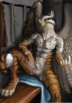  abs anthro avian balls beak beckoning bench blue_eyes eosfoxx falcon feline front fur gryphon happy looking_at_viewer male mammal nude orange_fur penis penis_tip pinup pose sheath sitting solo spread_legs spreading streifi stripes tiger white_feathers white_fur wings 