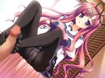  1girl black_legwear censored erection feet footjob hinamatsuri_touko mikoko_(game) mosaic_censoring no_shoes pantyhose penis pink_hair purple_eyes shirakami_aine solo_focus thighhighs toes 