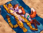  4_toes abs arm_behind_head balls beach canine chibi-marrow claws cuddling digitigrade duo feline fox gay hindpaw hybrid konu letigre lying lynx male necklace nude on_back outside pawpads paws seaside sheath soles tiger toes topless 