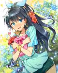  animal bag black_hair blue_eyes blush bracelet character_name copyright_name dated earrings english fang flower ganaha_hibiki gift hair_flower hair_ornament hamster hamuzou happy_birthday heart hibiscus hoop_earrings idolmaster idolmaster_(classic) jewelry long_hair open_mouth paper_bag ponytail redrop ribbon shorts smile solo star 