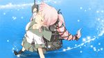  cloud foreshortening from_above hair_ribbon kantai_collection light_particles outstretched_arms pink_hair ponytail ribbon school_uniform skirt smile solo wake walking walking_on_liquid water yura_(kantai_collection) yuto_(dialique) 