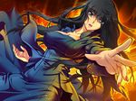  1girl black_hair blue_eyes breasts cleavage dress fingernails fire fudegaki_soft game_cg highres large_breasts long_fingernails long_hair looking_at_viewer nail_polish open_mouth saiminjutsu_3 segawa_tsubasa simple_background solo source_request standing yoshino_keiko 