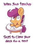  cub cute desk english_text equine female feral friendship_is_magic frown fur hair horse lifeloser looking_at_viewer mammal my_little_pony orange_fur paper pegasus pony purple_eyes purple_hair scootaloo_(mlp) solo sweat text wings young 