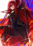  1girl absurdres black_bodysuit bodysuit breasts cape eyebrows_visible_through_hair fate/grand_order fate_(series) hair_over_one_eye high_collar highres holding holding_sword holding_weapon kansya long_hair looking_at_viewer oda_nobunaga_(fate) oda_nobunaga_(maou_avenger)_(fate) red_cape red_eyes red_hair shaded_face simple_background skin_tight solo straight_hair sword very_long_hair weapon white_background 