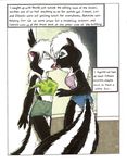  blue_eyes bracelet brown_eyes clothed clothing comic female hi_res james_m_hardiman jewelry kissing lesbian looking_back mammal nicole onyx_(jmh) piercing skimpy skunk standing 