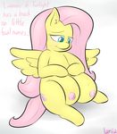  blue_eyes breast_pregnancy breasts cutie_mark equine female feral fluttershy_(mlp) friendship_is_magic fur hair horse lamiaaaa mammal my_little_pony pegasus pink_hair pony pregnant solo teats wings yellow_fur 