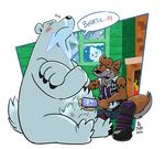  anthro bayson_(character) bayton bear beartic being_watched blush brushing canine claws clothing crossed_arms eyes_closed fire fireplace fur grin inside male mammal necklace nintendo one_eye_closed overweight pok&#233;mon pok&eacute;mon polar_bear secretly_loves_it takataka trainer vanillite video_games wink wolf 