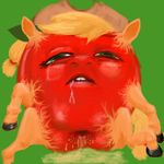  apple apple_juice applejack_(mlp) blonde_hair cowboy_hat creepy crying cum drooling equine female freckles friendship_is_magic fruit fur grass green_eyes hair hat hooves horse hybrid looking_at_viewer lying mammal my_little_pony nightmare_fuel open_mouth orange_fur outside pony presenting saliva solo spreading tears teeth what 