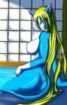  big_breasts blonde_hair blue_fur breasts butt cat feline female fur gloves_(marking) green_eyes gtoyaannno hair hair_over_eye long_hair looking_at_viewer looking_back mammal markings sitting smile water white_fur y&eacute;san yes&#225;n 