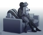  breasts duo eyes_closed female fluffy_tail kannos male mammal milf mother mustelid nipples nude open_mouth otter parent plain_background restricted_palette sex sitting skunk sofa straight white_background 