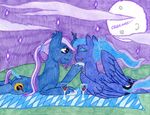  blue_fur cardstock cutie_mark equine facial_hair female feral friendship_is_magic fur hair horn horse male mammal moon multi-colored_hair my_little_pony night pony ponytail princess_luna_(mlp) purple_eyes purple_hair scar smile stars the1king tied_hair unicorn winged_unicorn wings 