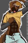  abs anthro black_nose brown_eyes brown_fur brown_hair canine castbound clothing collar fur grin hair looking_at_viewer male mammal muscles pants pose shirt shirt_lift smile solo standing tongue tongue_out wolf 
