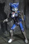  black_nose blue_fur canine cgi female fox fur green_eyes krystal mammal nintendo shield solo source_request star_fox sword unknown_artist video_games weapon white_fur 