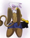  anthro anthrofied avian back back_turned beak blush breasts butt clothing female friendship_is_magic gilda_(mlp) gryphon looking_at_viewer looking_back my_little_pony shirt side_boob skirt solo sssonic2 standing thong topless undressing wings yellow_eyes 