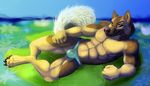  abs anthro barefoot biceps black_nose brown_eyes brown_fur bulge canine claws dog fist fur german_shepherd grin kitara_(artist) looking_at_viewer lying male mammal muscles nature no_nipples on_side pawpads paws pecs pose smile solo speedo swimsuit tan_fur toe_claws toned tongue tongue_out topless 