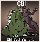  3_toes anthrofied blush brown_scales chubby claws duo english_text featureless_crotch feral godzilla godzilla_(series) green_scales humor image_macro kaiju male neodokuro overweight plain_background reptile scalie spines standing teeth text thick_tail zilla 