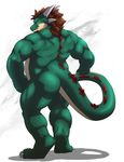  2013 back back_turned beard biceps big_muscles brown_hair butt dragon facial_hair goatee green_dragon hair horn laggio looking_at_viewer looking_back male musclegut muscles nude plain_background red_eyes scalie solo standing taoren white_background 