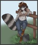  anthro brown_eyes brown_hair cleavage clothed clothing cowboy_boots cowboy_hat female fence firefly8083 fur grass grey_fur hair hat jeans leaning looking_at_viewer mammal navel outside pail pinup pose raccoon shirt smile solo thighs tied_shirt wide_hips 
