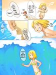  beach bikini blonde_hair breasts clothed clothing comic dialog english_text female hair human mammal open_mouth running sand sea seaside skimpy smile swimsuit text vu06 water wave 